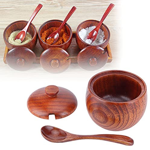 BestAlice Wood Salt Cellar with Lid and Spoon, Wood Salt Box Spice Jar, Vintage Sugar Bowl Pepper Seasoning Container Holder Keeper for Kitchen, Serving Condiment Chili Powder,