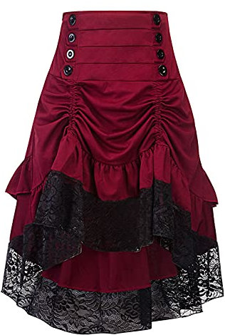 Steampunk Damen Rock, Mittelalter Kleidung Damen Röcke,Halloween Kostüm Damen Spitzenrock Hohe Taille Rüschen Palast Vintage Punk Skirt für Karneval Renaissance Viktorian Piratenrock Cosplay Party
