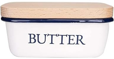 Mantequillera Recipiente de mantequilla esmaltado con tapa de madera versátil - Decoración moderna de cocina de granja - Recipiente de mantequilla de regalos de cocina Encimera
