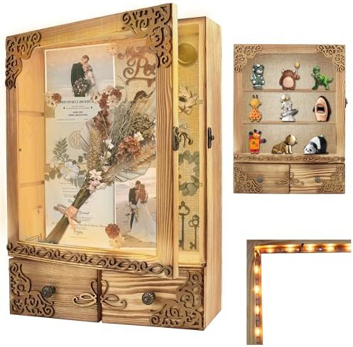 KWYADLUO 11x16 Shadow Box Frame with Light, Wedding Memorial Display Case with Shelves, Drawer and Slot for Keepsakes Large Deep Shadow Box for Flowers,Wedding Gift, Rustic Wood