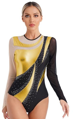 Nyeemya Damen Turnanzug Langarm Gymnastikanzug Einteiler Bodysuit Mit Strass Farbblock Patchwork Ballett Trikot Tanzbody Tanzkleidung Gold XXL
