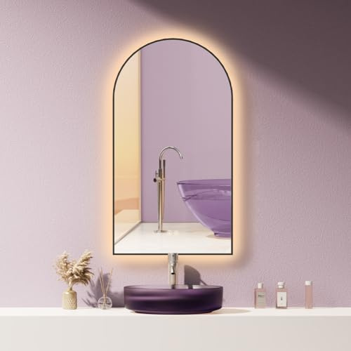 HOKO® Specchio ad arco LED anti-appannamento, 50 x 90 cm/90 x 50 cm, Dallas con telaio in metallo nero, montaggio alto+QUER Arch Specchio da bagno + interruttore touch + cambio luce 2700 – 6500 K,