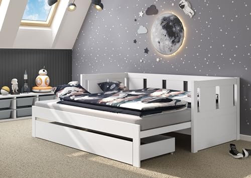 Erst-Holz®Ausziehbett 2-in-1-Bett Einzel- und Doppelbett in einem Kiefer weiß Zubehör wählbar V-60.78W-09Rollrost und Matratze inkl.