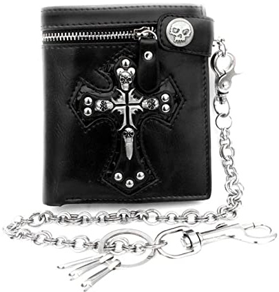 LVUNZJCA Portefeuille à Chaîne pour Hommes Mens Boys Goth Skull Cross Leather Biker Punk Snap Zipper Wallet
