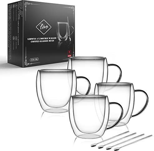 LIBWYS 4 Pack 250ml Double Walled Glass Coffee Mugs with 4 Spoons, Cappuccino Latte Tea Cups with Handle, Heat Resistant Drinking Glasses