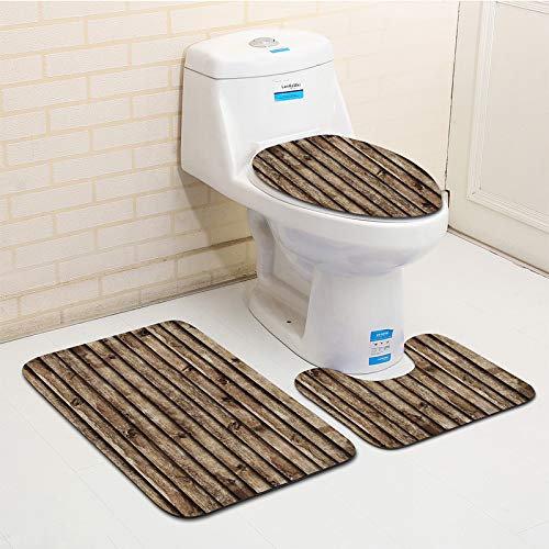 Bad Teppiche Set 3-Teiliges Gestreiftes Braunes Holz WC Vorleger Mit Ausschnitt Badematte Saugfähig WC Deckelbezug Badvorleger rutschfest Waschbar Toilettensitzbezug Badgarnitur (45x75cm)