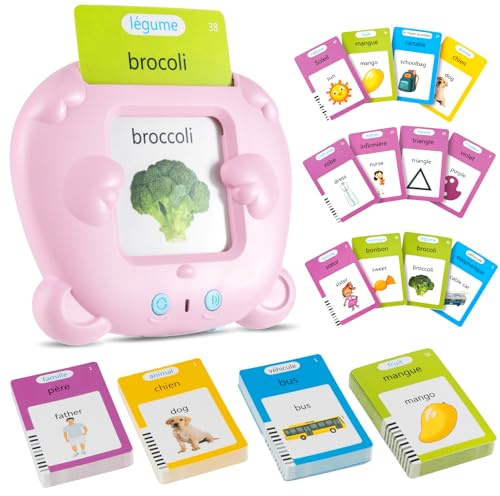 Français et Anglais Standard, Flashcard Jouets Éducatifs pour Enfants de 1 à 6 Ans, 112 Feuilles 224 Mots pour l'apprentissage Audio, Jouets Sensoriels Montessori pour La Logopédie de l'Autisme Rose