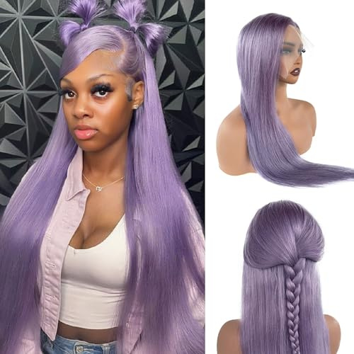 Pelucas de cabello humano lila para mujer, HD, transparente, sin pegamento, 13 x 4, color morado, encaje frontal, pelucas de cabello humano prearrancado, nudos decolorados, 26 pulgadas, densidad del