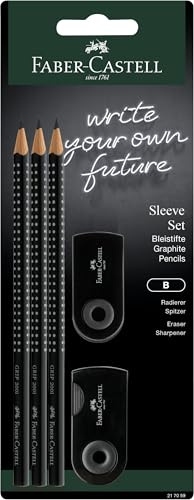 Faber-Castell 217086 - Set di matite Sleeve, con temperino, gomma e 3 matite, set di scrittura Grip 2001 nero