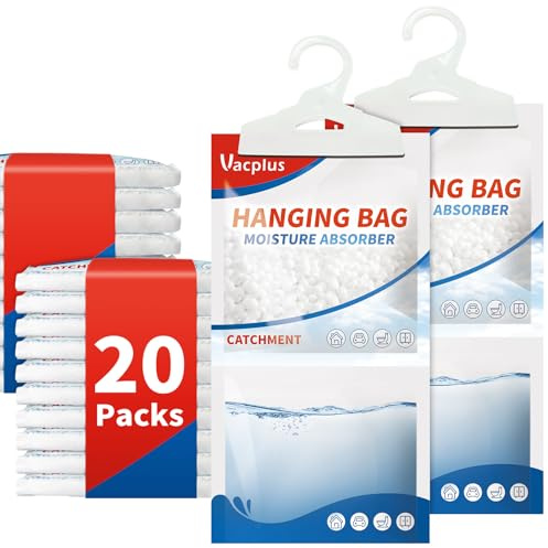Vacplus Moisture Absorbers Packets, Fragrance Free 20 Pack, Humidity Packs, Dessicant Packets, Hanging Closet Dehumidifier Bags, Odor Eliminator for Bathroom 9.8OZ