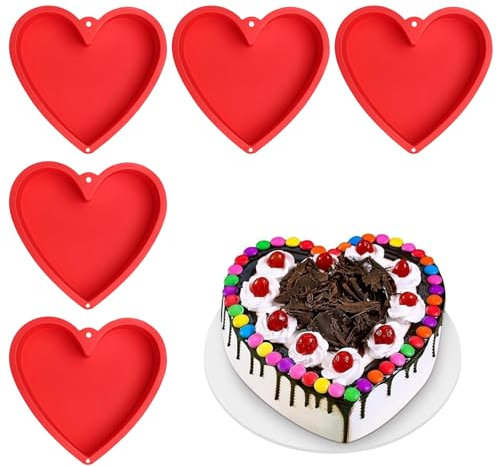 MEETOZ Silicone Heart Shaped Cake Pans, 5pcs 8 Inch Nonstick Heart Cake Pan, Reusable Baking Tins, Quick Release Suitable, Easy Clean
