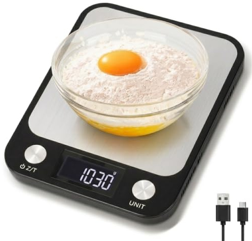 1g/10kg wiederaufladbare Küchenwaage mit Touch-Taste, 7 Gewichtseinheiten | elektronische Lebensmittelwaage mit 7 Einheiten und Tara-Funktion, Food Kitchen Scale mit Batterien für Pulver, Obst, Gemüse