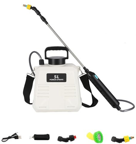 Pulverizador eléctrico de 5 litros alimentado por batería, mango recargable USB, correa para exteriores, 3 boquillas pulverizadoras portátiles para jardín, rociador de agua con varita retráctil