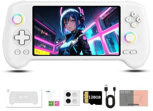 Meiurlex RG557 - Console da gioco portatile retrò con scheda TF da 128 GB, Android 14 5,48 pollici, display AMOLED per adulti, batteria da 5500 mAh e illuminazione RGB