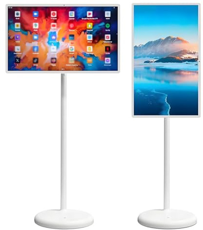 Smart TV portátil con pantalla giratoria y cámara de 5 MP, soporte de suelo ajustable para entretenimiento en exteriores e interiores