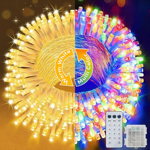 YIFMOO 20M 200LED Lichterkette Außen Batterie, Warmweiß + Bunt Lichterketten mit Timer/Fernbedienung, 12 Modi, Dimmbar Farbwechsel Weihnachtsbeleuchtung für Inne Party Balkon Weihnachten Hochzeit Deko