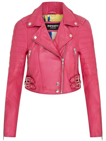 Infinity Leather Chaqueta Corta de Mujer, Estilo Gótico, Color Fucsia y Rosa, Elegante Chaqueta Motera de Cuero Auténtico.
