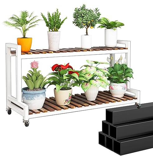 Étagère pour plantes d'intérieur et d'extérieur en métal avec échelle en bois style échelle pour rangement de fleurs pour la maison et le jardin, affichage de fleurs noir et blanc.