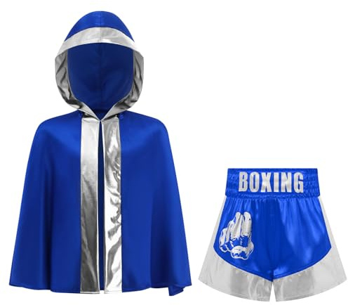 Freebily Boxare Träningsdräkt för barn och pojkar, boxningsdräkt Muay Thailändska shorts MMA Kickboxning + morgonrock med huva, Silverblå, 9-10 anni