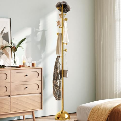Guyii Portemanteau sur pied en acier inoxydable doré – Porte-manteau moderne stable avec crochets sphériques, arbre à vêtements pour manteaux, vestes, sacs, chapeaux, rangement entrée, chambre, salon