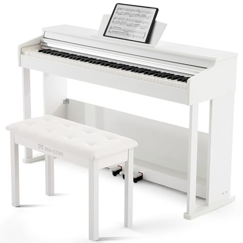 MUSTAR 88 Key Piano Keyboard Fully Weighted with Piano Bench, Digital Piano 88 Weighted Keys Hammer Action, Electric Piano Keyboard 88 Keys with Stool, 3 Pedals, USB/MIDI, Furniture Stand (White)