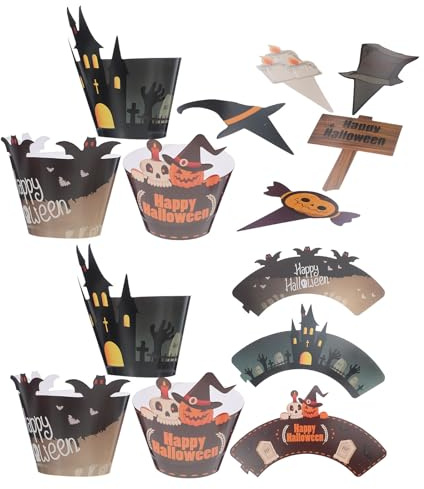 ANDRESLAD 2 Ensembles Décorations Halloween pour Cupcakes Set Topper et Wrappers Citrouille Chauve-souris Fantôme Squelette Fournitures de Fête Créatives et Robustes pour Gâteaux et Tables