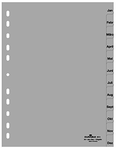 Durable Register für DIN A4, volldeckend (12er Pack - grau, Jan-Dez)
