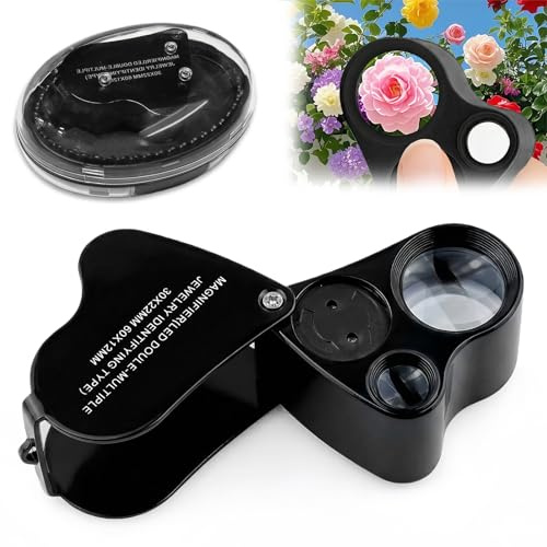 AMFUN Negro Lupa para joyería 30X 60X, Lupa Plegable para joyería con luz LED para Diamantes, Joyas, Monedas y Sellos (detección de Moneda e identificación de Joyas)