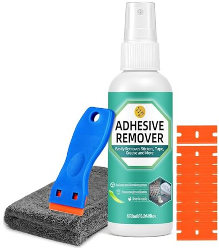 Dissolvant Colle Puissant, Enlève Autocollants, Étiquettes, Résidus de Colle et Ruban Adhésif, Décapant Adhésif sans Danger pour Toutes Surfaces, Inclut Grattoir en Plastique (120ML)
