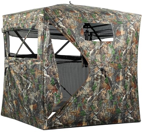 270° See Through Hunting Blind Pop Up Ground Hide, Camouflage Oxford Cloth Tent, Portable Weather Resistant Shooting Shelter with Mesh Panels for 1-4 Person Use