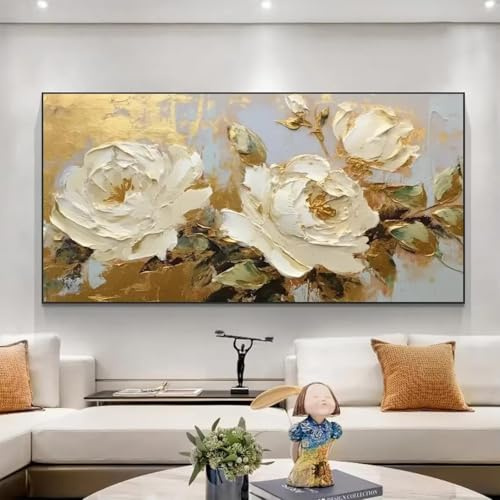 ghjFGdh Großes gelbes Blumen-Wandbild, modernes abstraktes Ölgemälde mit Goldtextur auf Leinwand, Wohnzimmer-Wanddekoration (50 x 100 cm/Innenrahmen)