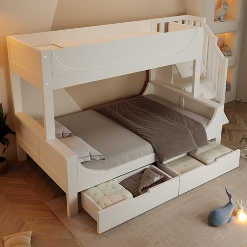 HUQIQWE Litera De Madera con Cama Superior 90x200 CMY Cama Inferior 90x200 cm, Cama Litera con Armario Escalera, Cajones Grandes Y Barandilla, Diseño Trineo En, para Dormitorio Juvenil