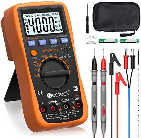 Neoteck Digital Multimeter – 4000 Counts, Auto/Manual Ranging, Temperature Measurement (Up to 1000°C), AC/DC Voltage, Current, Resistance, Capacitance, Frequency, Backlit LCD, Protective Shell