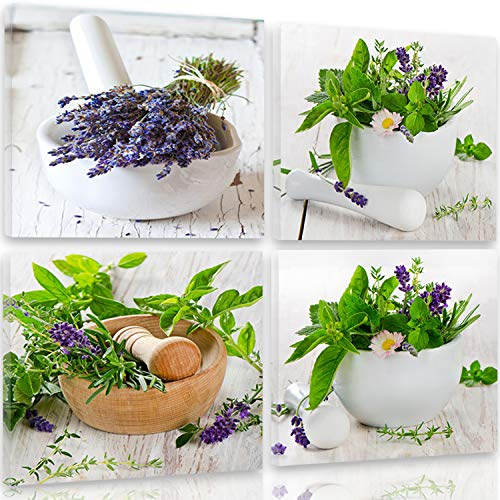 Feeby Frames, Leinwandbild, Bilder, Wand Bild - 4 Teile - Wandbilder, Kunstdruck 40x40 cm, KRÄUTER, Pflanzen, Speisen, RUSTIKAL, GRÜN