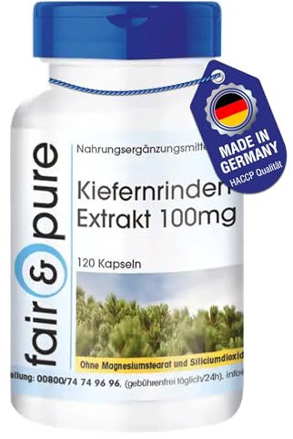 Fair & Pure Extractos de corteza de pino 200 mg, 120 cápsulas, 95% proantocianidinas, complemento alimenticio vegano sin aditivos, fabricado en Alemania