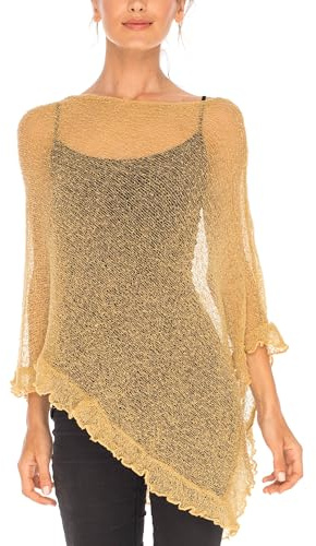 SHU-SHI, donne - Poncho trasparente coprispalle leggero maglione con volant lavorato a maglia oro