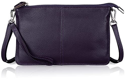 befen läder axelväska, 【lit】Damaxelväska i äkta läder med axel och handrem, lady crossbody & handledsväska kuvertväska, passar telefon 8 Plus (svart 【äkta läder + 2 rem】), Lila (Purple Aubergine),