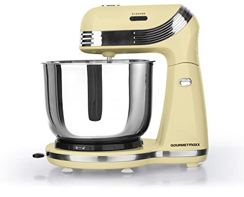 GOURMETmaxx Edelstahl Küchenmaschine Retro 'Vanille' | Multifunktions-Mixer zum Rühren, Mixen & Kneten im 50er Jahre Retro Style | 6 Geschwindigkeitsstufen, inkl. Schneebesen und Knethaken, 250 Watt