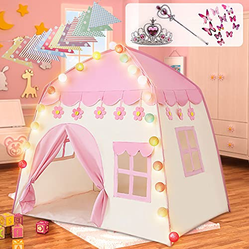 Labeol Princess Castle Play Tent Large Kids Play House for Indoor and Outdoor with Cotton Ball Lights Crown Magic Wand Safety Non-toxic Great Gift for Girls 130 * 100 * 130