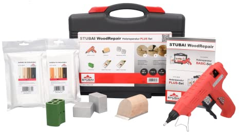 STUBAI WoodRepair Holzreparatur Satz PLUS+ mit Astfüller-Pistole 80W, Kompaktbeutel Mix 1+2, Kühleisen, Handhobel & Farbwechsler