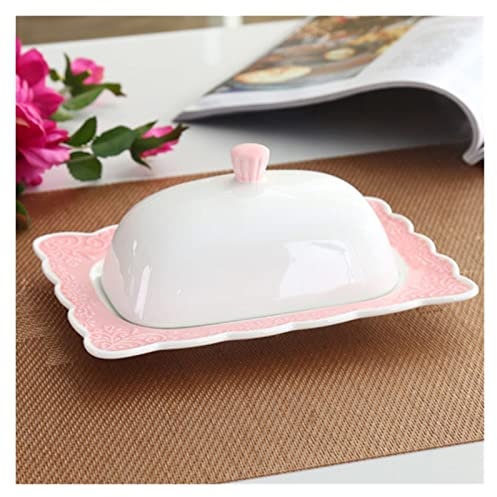 Beurriers Plat de beurre en céramique blanche en relief avec couvercle en porcelaine céramique en céramique parfaite for le beurre Beurriers Conteneur de Beurre (Color : Pink)