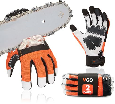 Vgo... 2 Paires Gants de Protection Tronçonneuses EN381-7, Classe 1, 20 m/s, Protection Contre les Coupures, Haute Résistance aux Coupures, en Cuir de Chèvre et PVC(GA8912/XXL/Orange/2 paires)