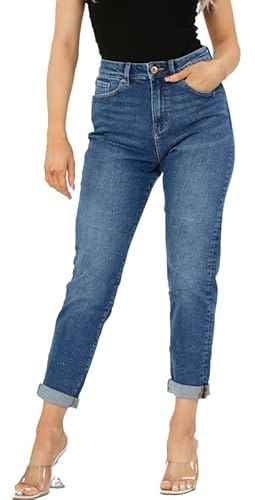 Ex Famous Store Mom Jeans High Waisted for Women UK, Ladies Ankle Grazer Relaxed Fit Jean Dark Blue