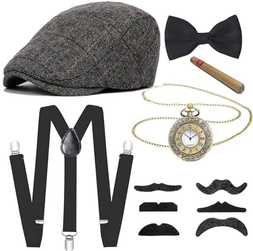 Meiruier Set di Accessori Anni 1920s per Costume da uomop, Gatsby Gangster Costume Kit con Cappello Panama, Elastica Bretella Y-Back, Accessori da Uomo Anni '20 per Natale Carnevale Festa in Maschera