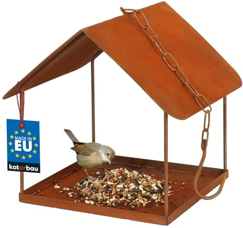 KOTARBAU® Vogelhaus aus Metall - 18 x 18 x 20,5 cm - Vogelfutterhaus zum Aufhängen - mit Kette & Haken - Gartendeko für draußen - Wetterfestes Vogelhäuschen - Rostfarben