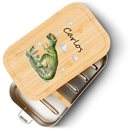 GRAVURZEILE Brotdose aus Weißblech mit bedrucktem Bambusholzdeckel - Lunchbox mit T-Rex Motiv - Personalisiert mit Name - Geschenk für Kinder zum Schulanfang - Größe: Klein