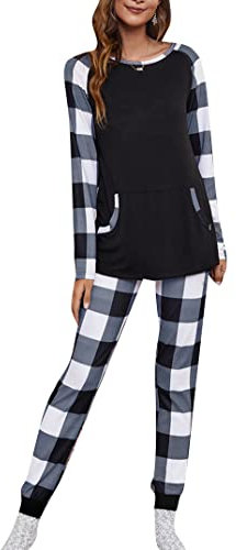 EFOFEI Frauen Gestreiftes Patchwork Pyjama Zweiteilig Langarm Lounge Wear Sets Frohe Weihnachten Pyjama Set Kariert Schwarz Weiß XXS