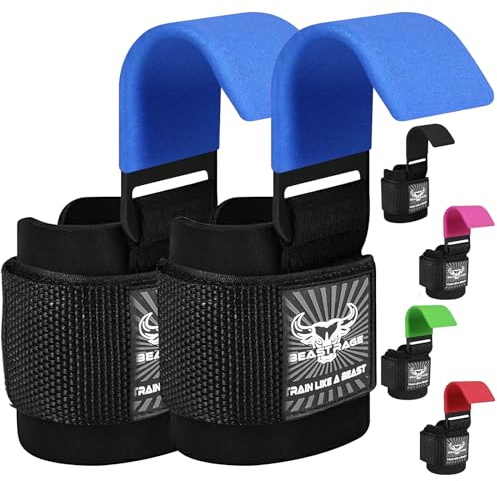BEAST RAGE Ganchos para levantamiento de pesas, correas de muñeca de neopreno grueso acolchado con revestimiento de goma, antideslizantes, levantamiento de peso, entrenamiento, gimnasio,