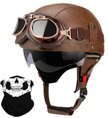 German Style Leather Motorcycle Half Helmet for Adults Men Women, DOT Approved Vintage Cap Half Face Shell Motorcycle Helmets for Cruiser Chopper+Goggles(Brown,‎Large)