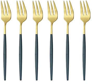 Besteck-Set, Teegabel, Edelstahl, Besteck-Set, Obst, Salat, Gabel, Küche, Besteck, Dessert, Kuchengabeln, 6-teilig, Grün / Gold
